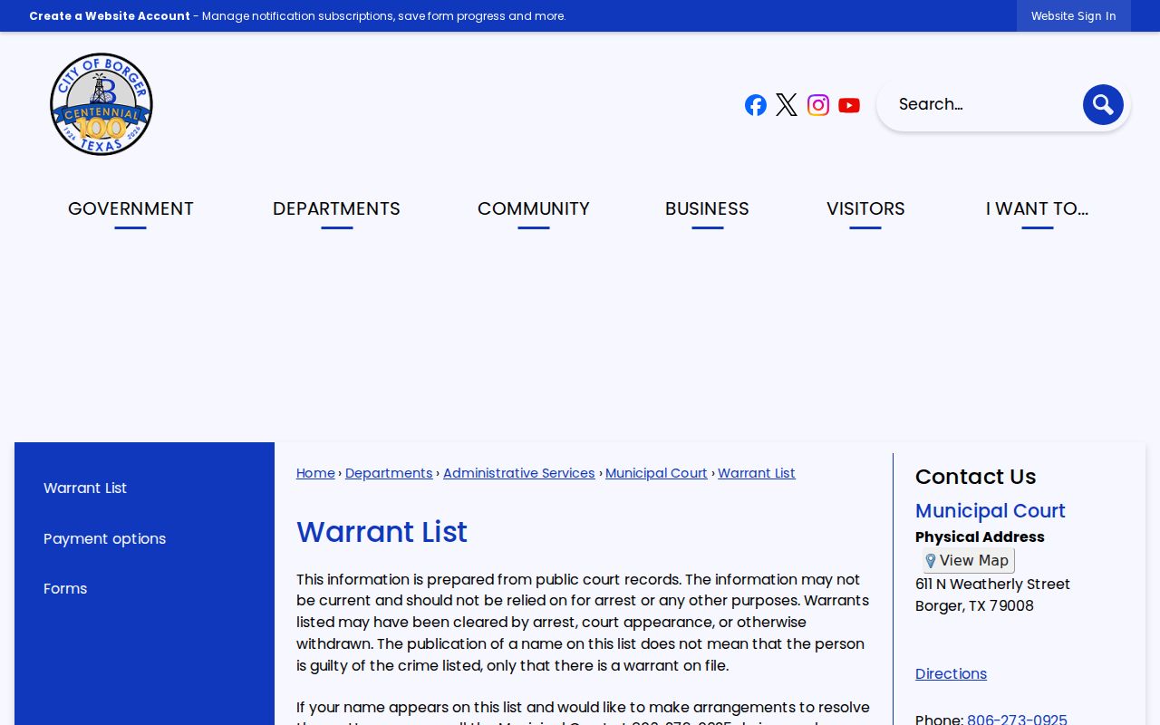 Hutchinson County active warrant information on Borger's municipal list page