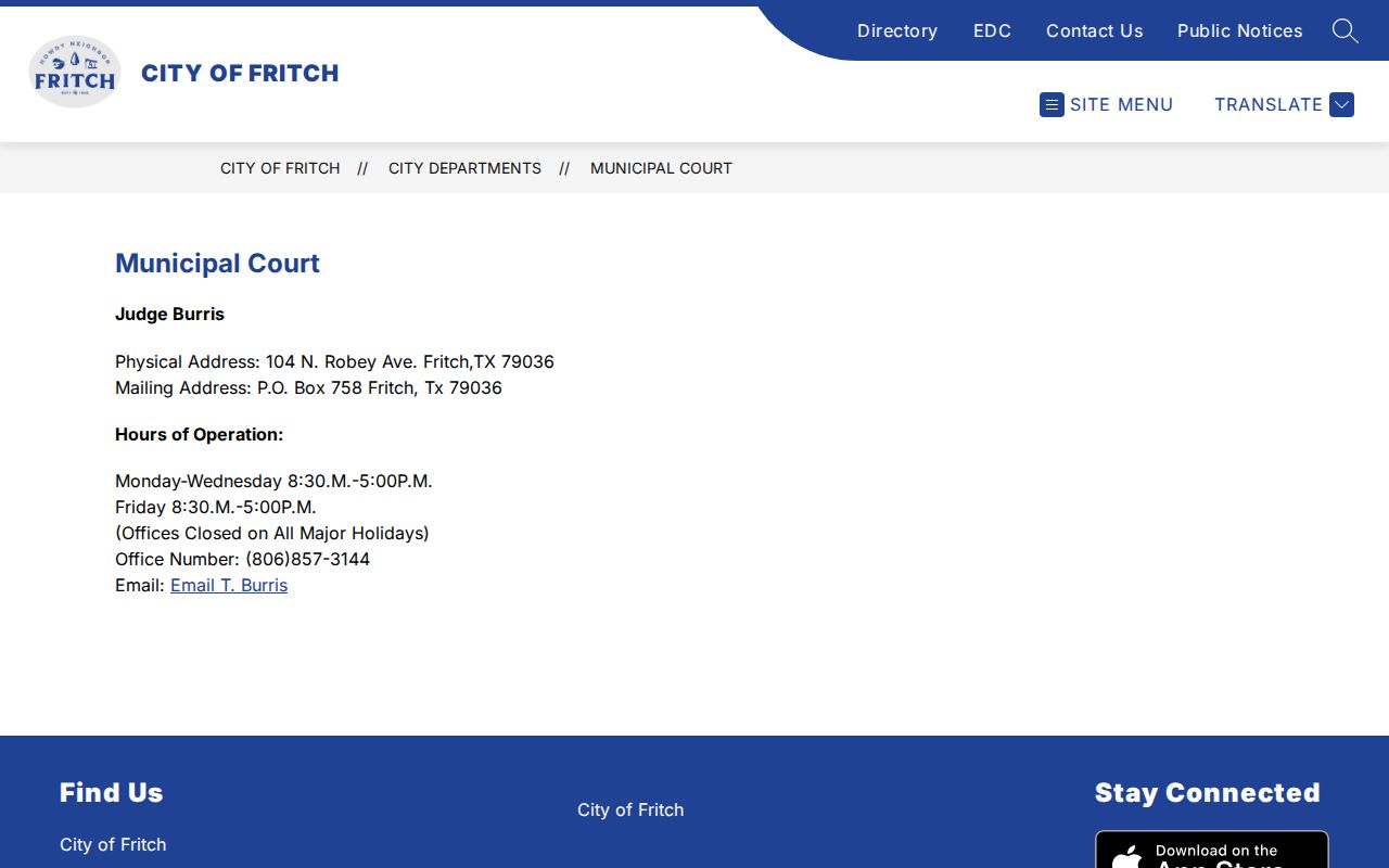 Hutchinson County municipal warrant route at Fritch Municipal Court